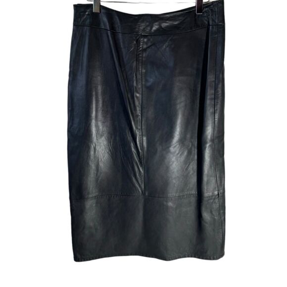 Remy Leather Vintage Black Lamb Leather Midi Diagonal Wrap Skirt Sz 10 - Picture 2 of 8